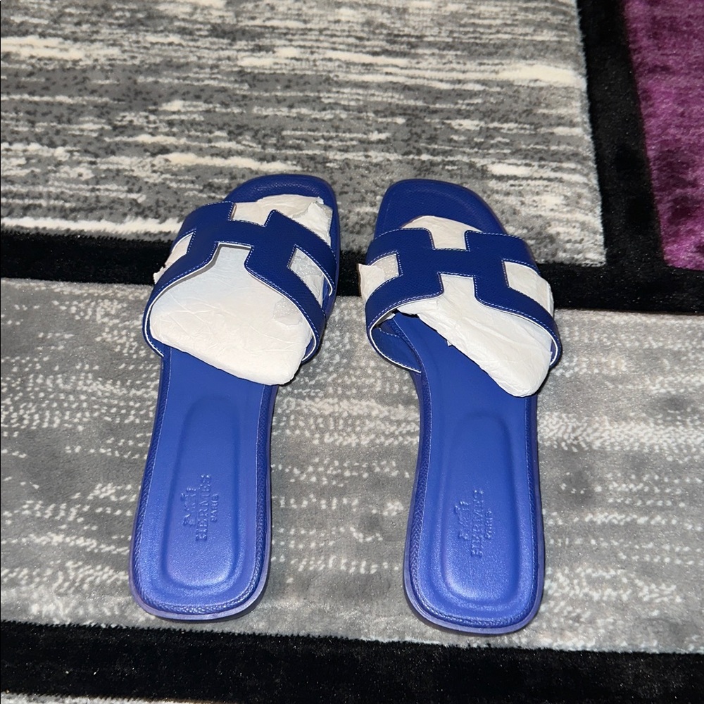 Blue Leather Slide Sandals - Picture 4 of 8